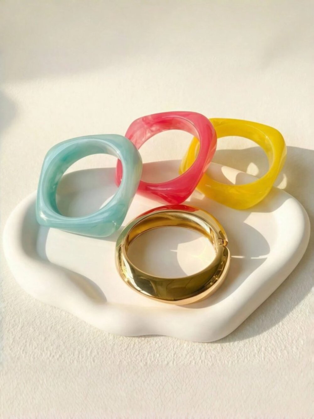 4pc Multicolor Resin Ring & Gold Bangle Set